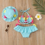 Flower 3Pcs Halter Triangle Top with Ruffle Bottom and Sun Hat