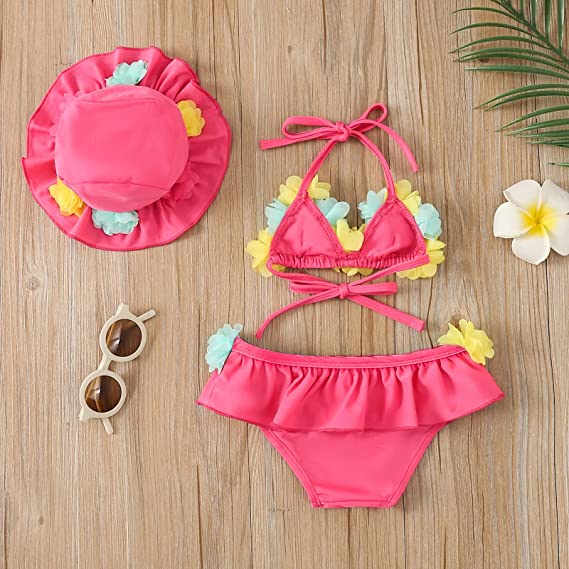 Flower 3Pcs Halter Triangle Top with Ruffle Bottom and Sun Hat