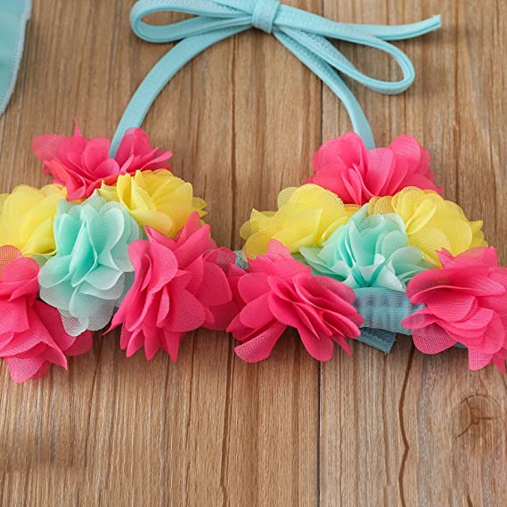 Flower 3Pcs Halter Triangle Top with Ruffle Bottom and Sun Hat