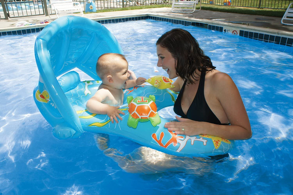 The Beach Company Online- Monmmy and Me Baby Rider- Pool Float with mother- Pool Fun- Pool Toys- Float-Drop seat style-leg openings-fun inflatable characters--Retractable  & detachable canopy for sun protection
