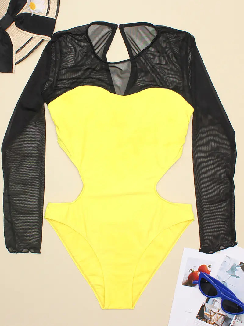 Mesh Long-Sleeve Cut-Out Swimsuit