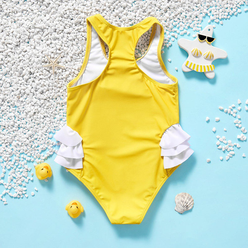 Yellow Racer back Duck Print Ruffle Swimsuit