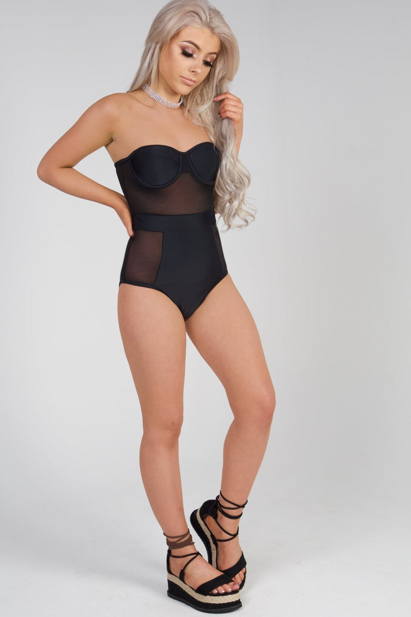 Black Balconette Mesh Panel Swimsuit