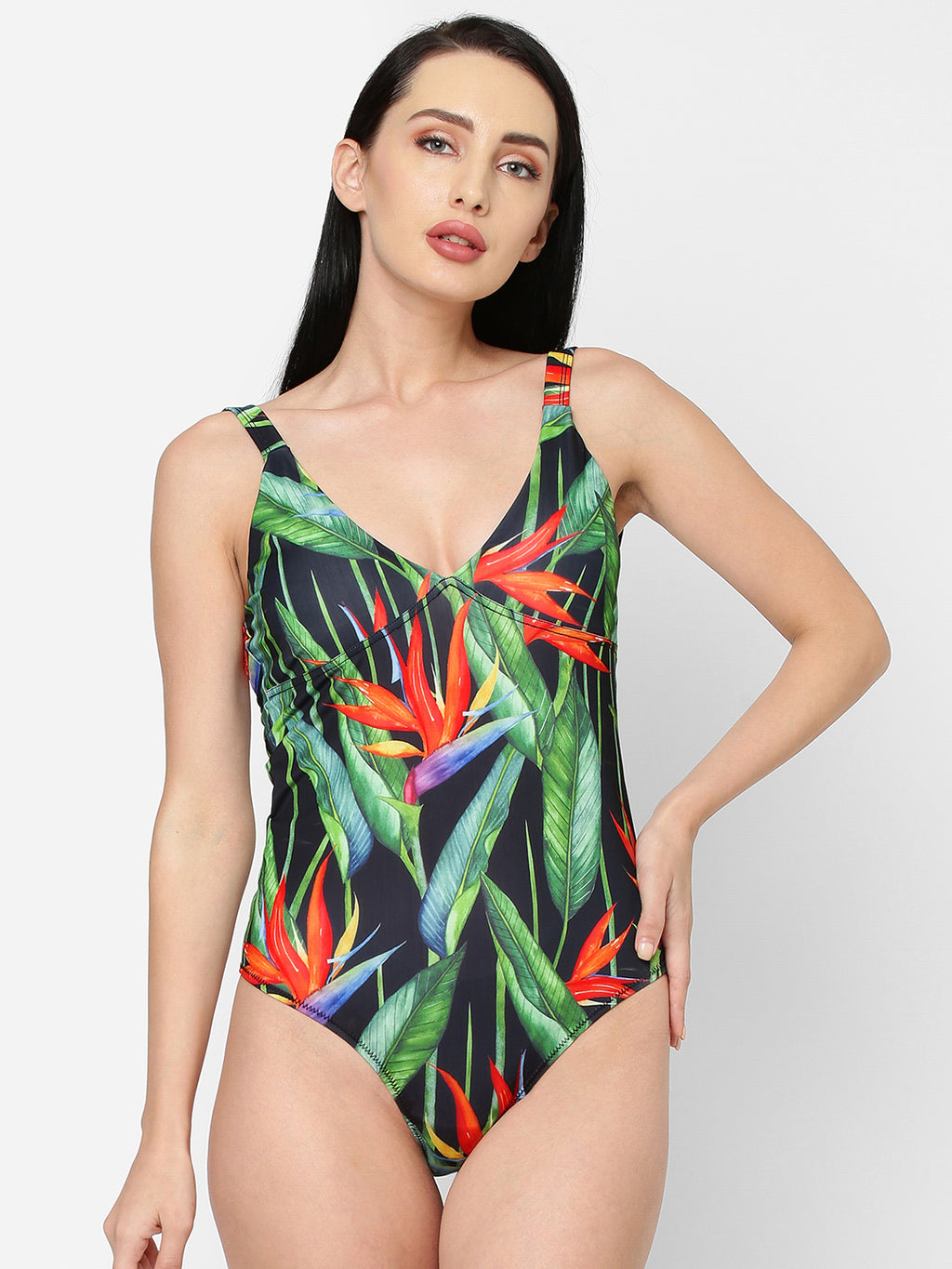 esha lal swimwear - online one piece -printed swimsuits at cheap prices online india - Hand painted swimsuit - Paradise swimsuit - removable cups - one piece adjustable straps - Pool ready swimsuits - slimming swimwear 
