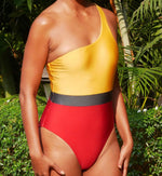 One shoulder colour block swimsuit padded crimson gold Grey belt  high legs the beach company online 