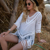 V-Neck Hollow Out Cover-Up With Fringed Hem