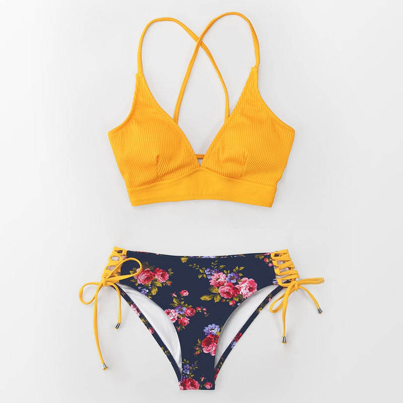 Boho V-Neck Lace Up Bikini Set