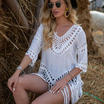 V-Neck Hollow Out Cover-Up With Fringed Hem
