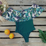 Monstera Print Off The Shoulder Ruffle Swimsuit