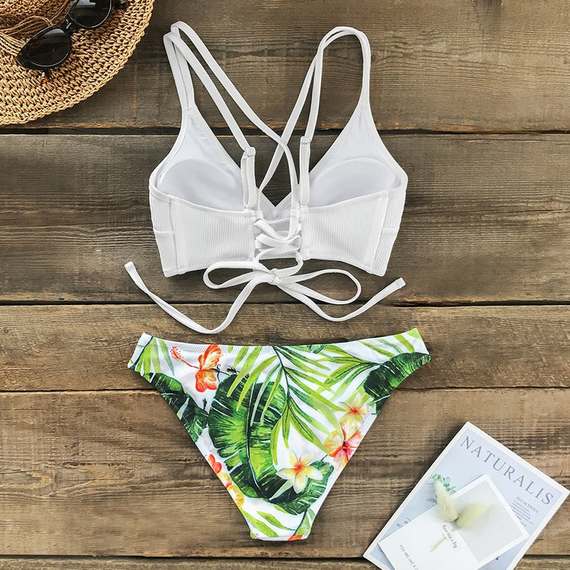 Lace Up Leaf Print Low-waist Bikini Set