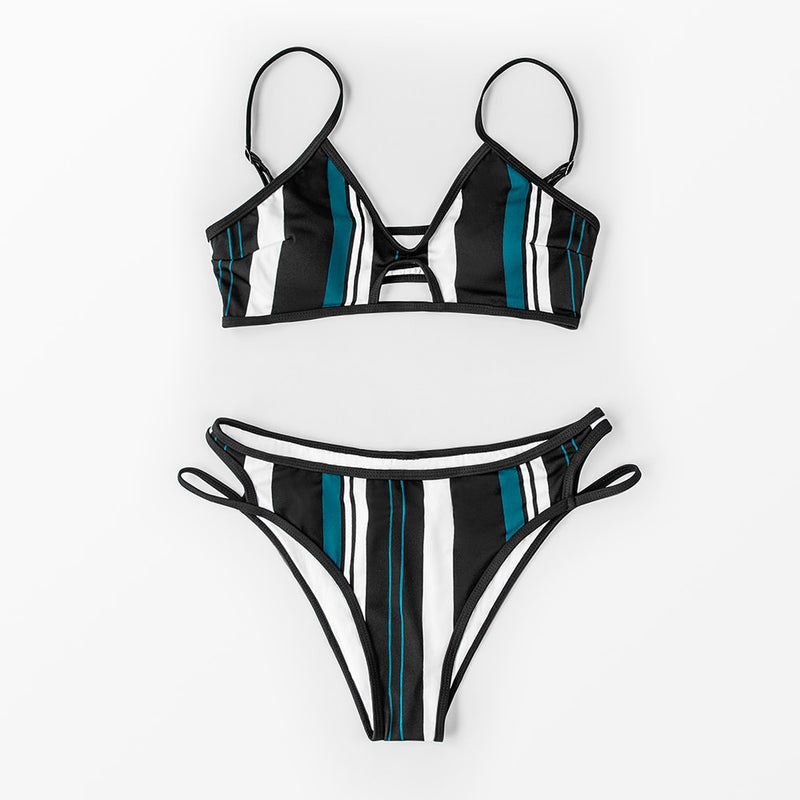 Cutout Stripe Low Waist Bikini Set