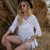 V-Neck Hollow Out Cover-Up With Fringed Hem