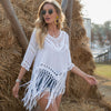 V-Neck Hollow Out Cover-Up With Fringed Hem