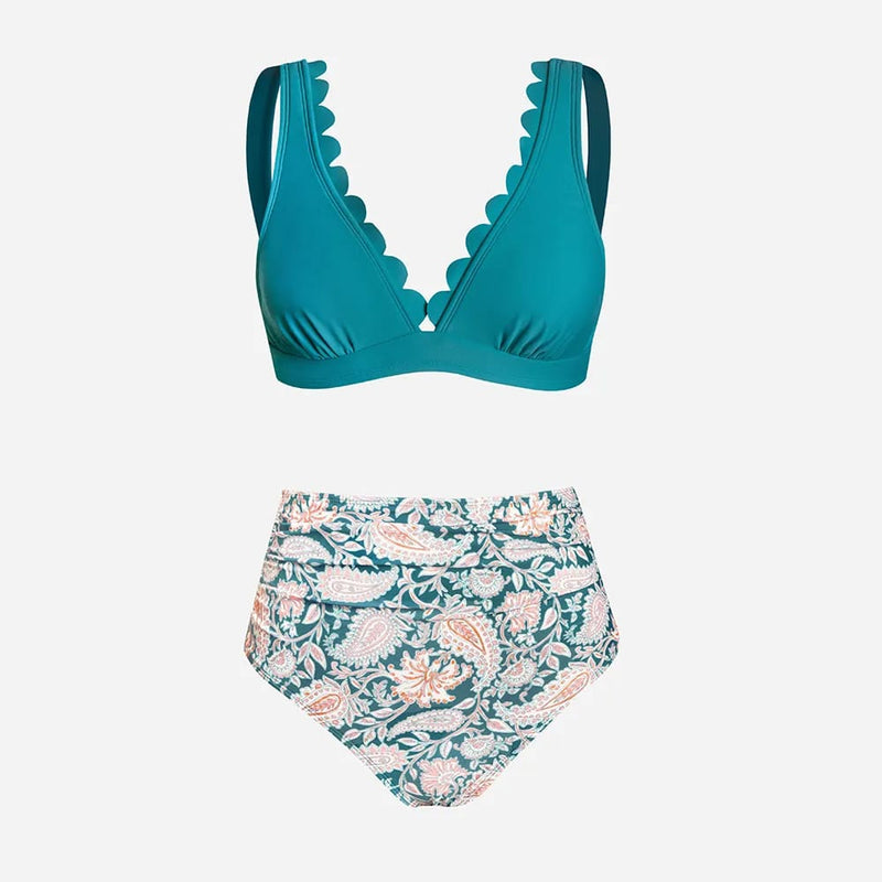 Paisley Scalloped High Waist Bikini Set