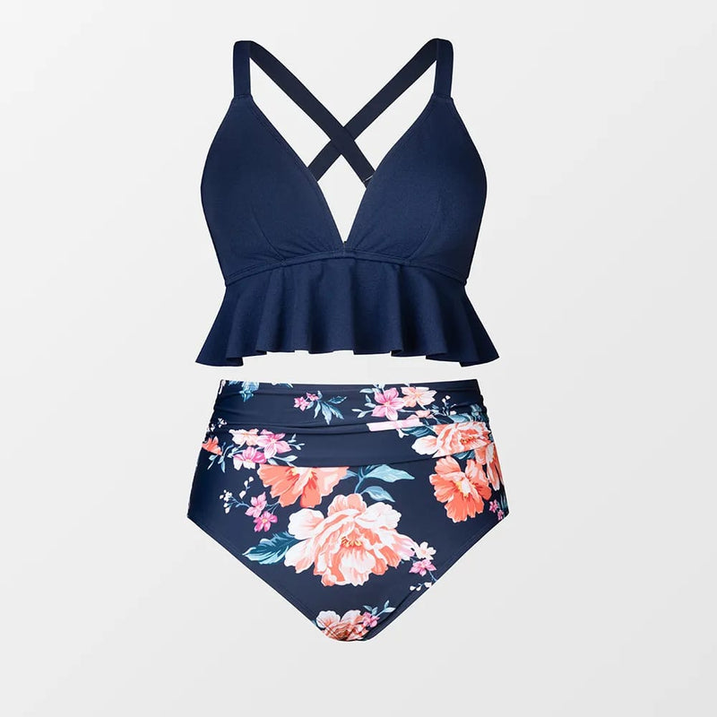 Floral Ruffle Plus Size High Waist Bikini Set