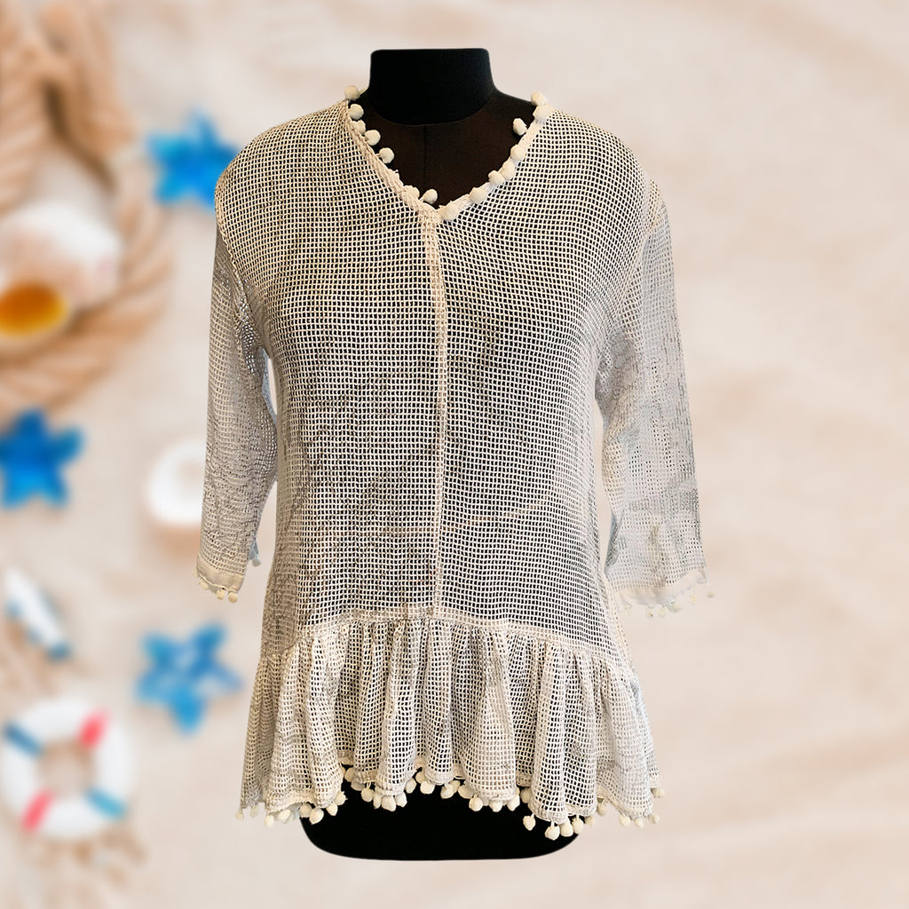 Beachwear party wear pool party beach side shop online India the beach company women dresses cute travel trip clothes cod free delivery discount design stylish embroidery woven Free size mesh net tassel white embroidered