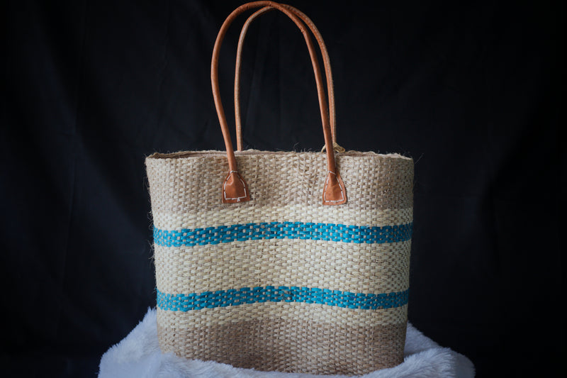 Grey and Blue Striped Tote with Pompoms