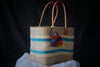 Grey and Blue Striped Tote with Pompoms