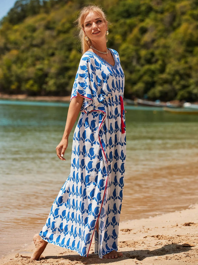 Leaf Print Beach Kimono Maxi