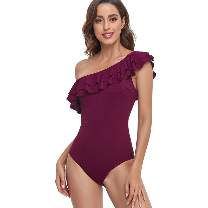 Tiered Flounce Ribbed One Shoulder Swimsuit