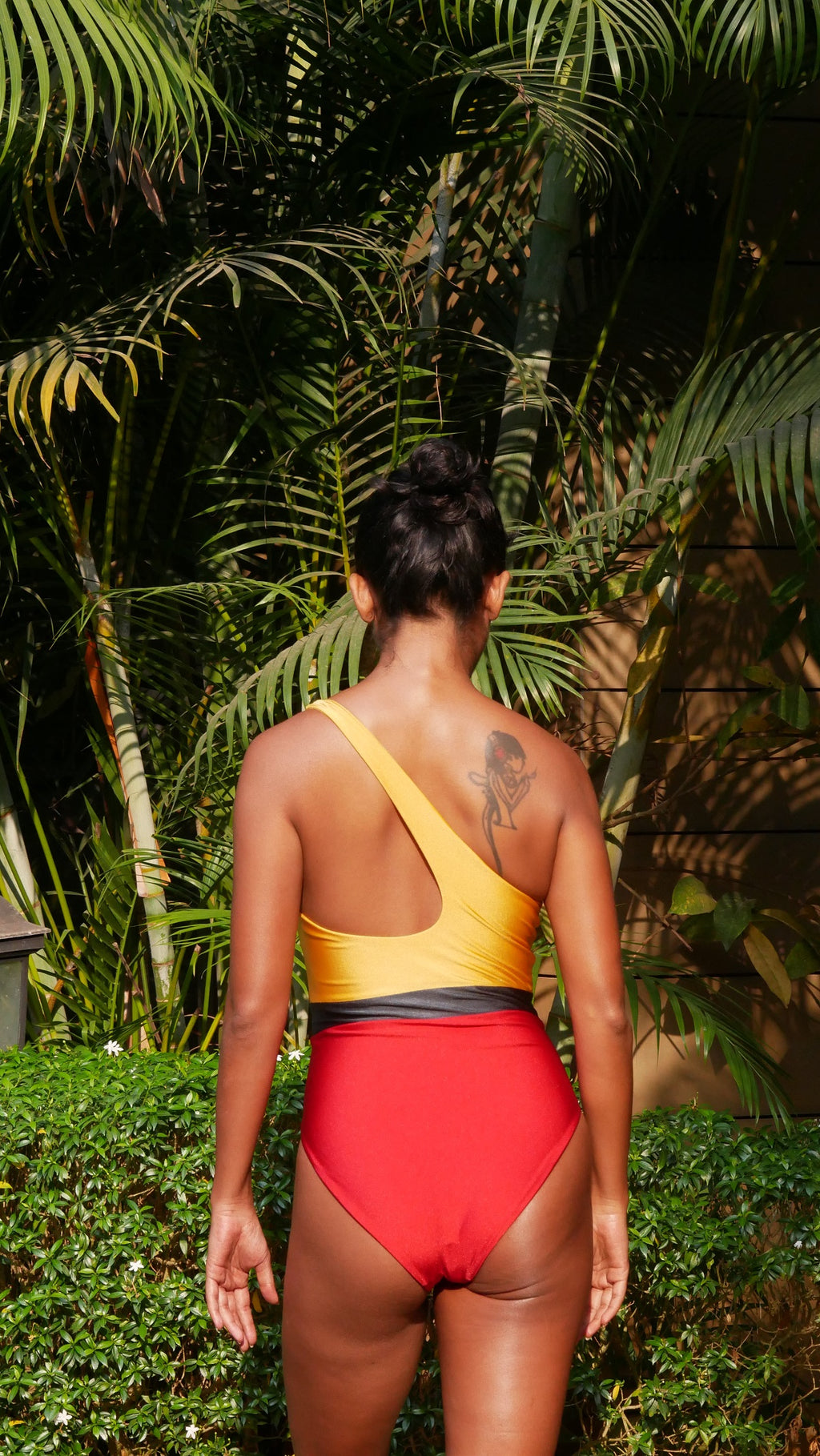 One shoulder colour block swimsuit padded crimson gold Grey belt  high legs the beach company online 