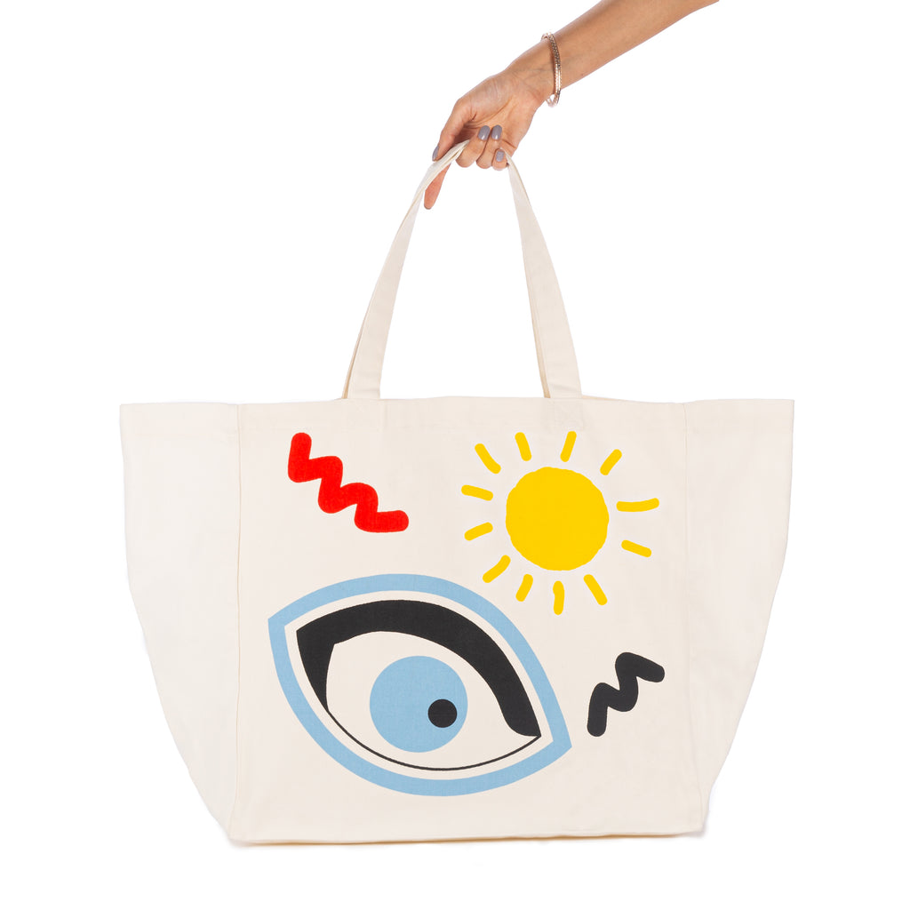 Canvas tote bag women evil eye nazar white printed graphic bag Pallavi swadi beach bags design trending stylish grocery bag large bag women men shop India online the beach company discount bags