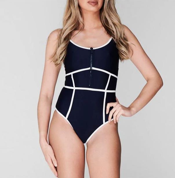 The Beach Company India - online swimwear - black and white monokini - non - padded swimwear - front zip one piece -  panelled design with contrasting - cross back spaghetti straps - wedding swimwear - pool party swimsuits - cheap swimsuits - 