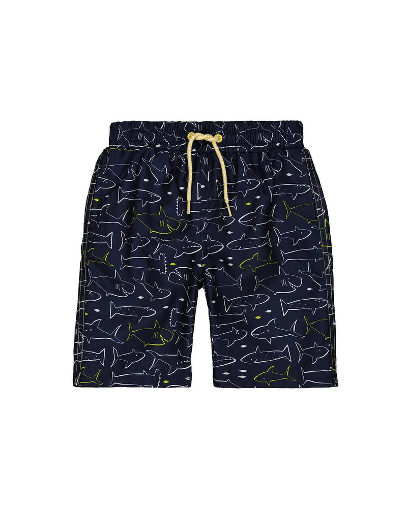 The Beach Company India - Shop for kids swim shorts online - Navy Shark Board Shorts - board shorts for young boys - printed boys swimwear