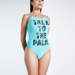 Printed Swimwear - Fashion Online INDIA - The Beach Company - talk to the palm - Blue swimsuit - one piece swimsuit - scoop low back swimsuit - talk tot he palm swimsuit - cheap online swimsuit 