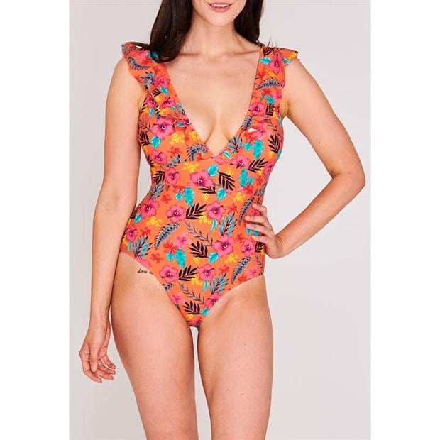 Ladies Swimsuits and Bikini Online - The Beach Company - Contrast print swimsuit - Frill swimsuit - removable cups swimsuit 0 low plunge neckline swimsuit - high legs swimsuit - Beach swim wear -pool party swimsuit - cheap online swimsuits 