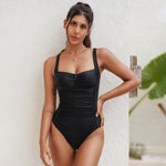 The Beach company India - Online swimsuits - Black swimsuit - square neckline swimsuits - shoulder strap swimsuits- plunge neckline swimsuits - classic black monokini - slimming swimsuits - ruched swimwear 