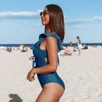 Navy V-neck Cutout Ruffled Swimsuit