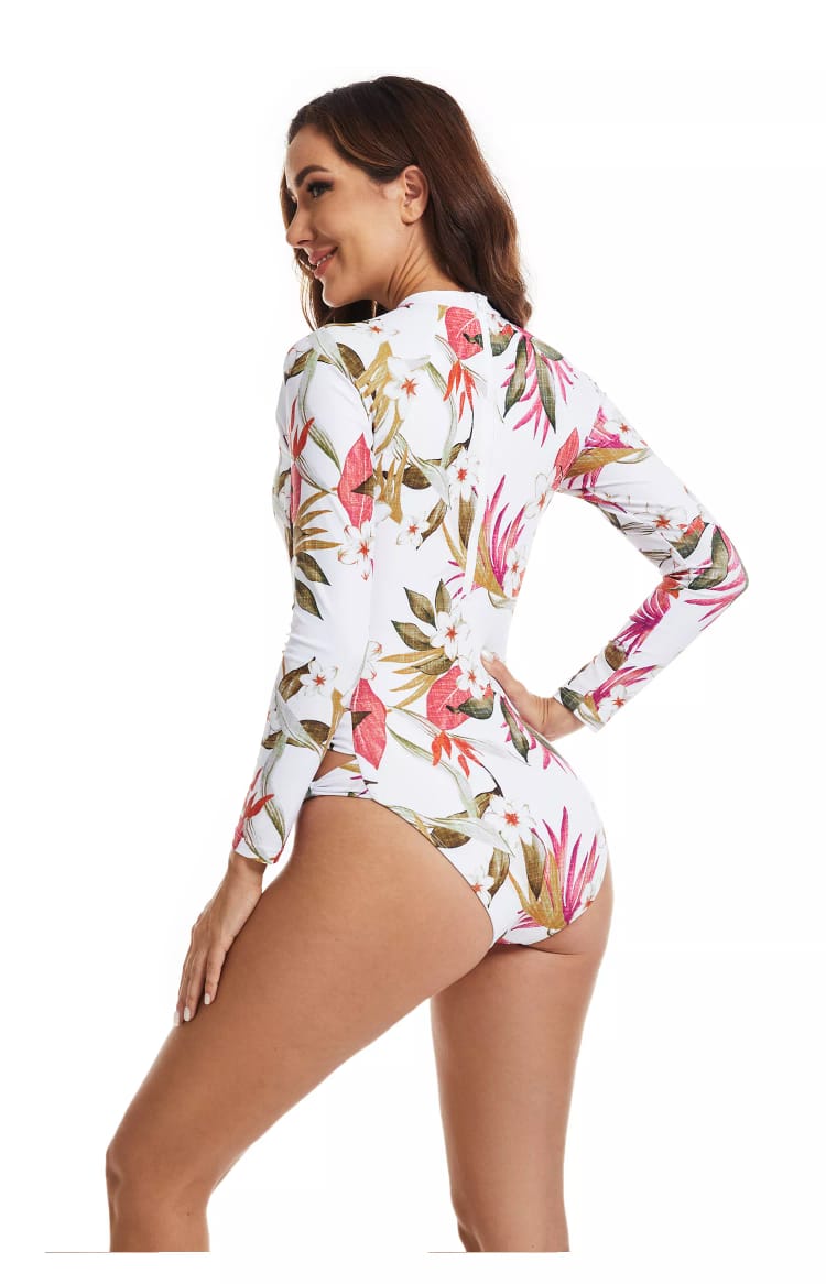 UV Sun Protection White Tropical Long Sleeve Back Zipper Swimsuit
