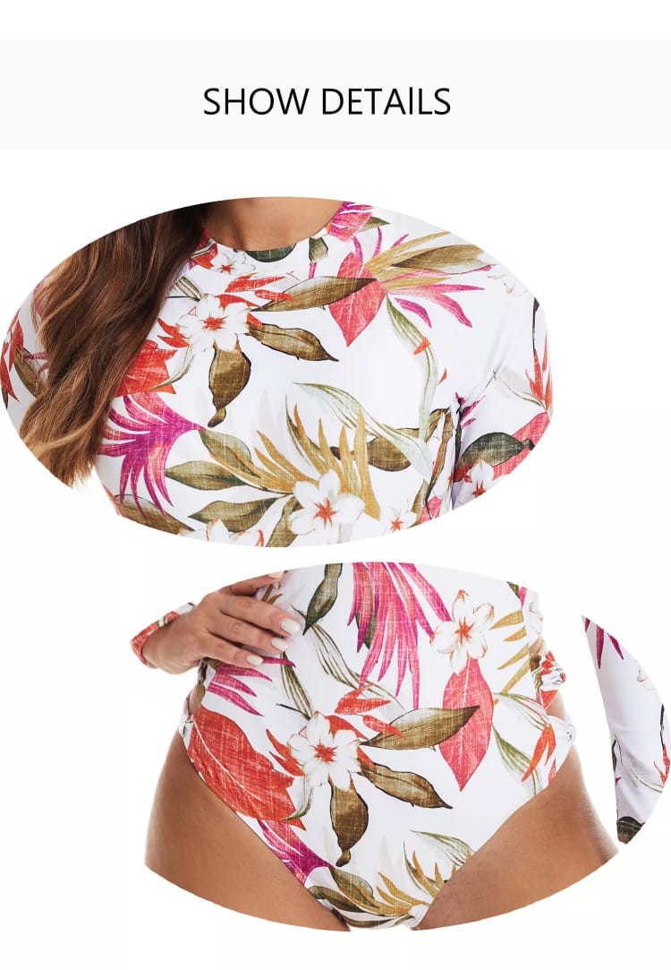 UV Sun Protection White Tropical Long Sleeve Back Zipper Swimsuit