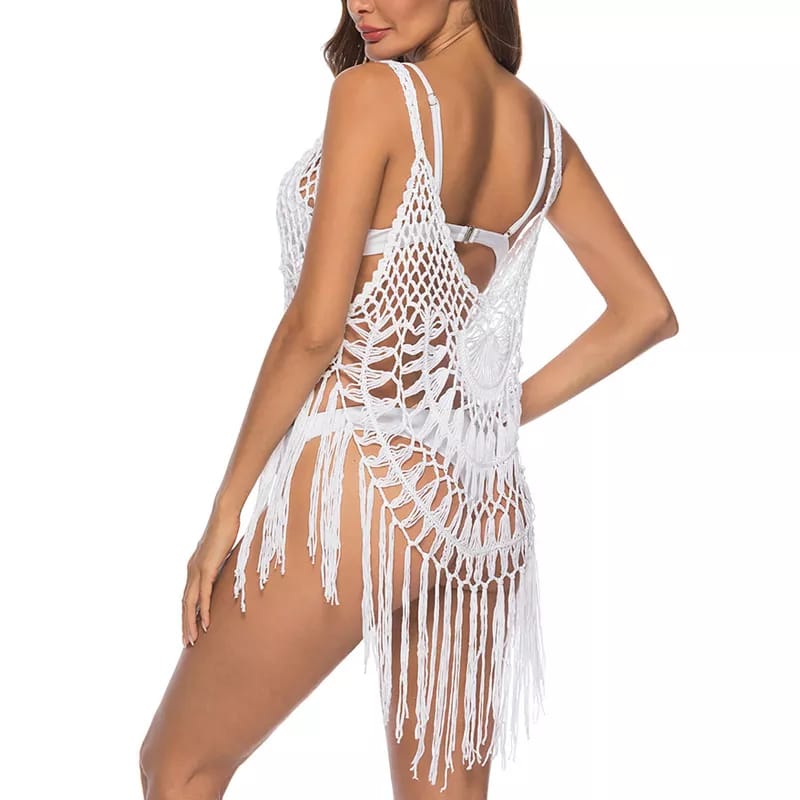 Curved Hem Crochet Fringe Cover Up