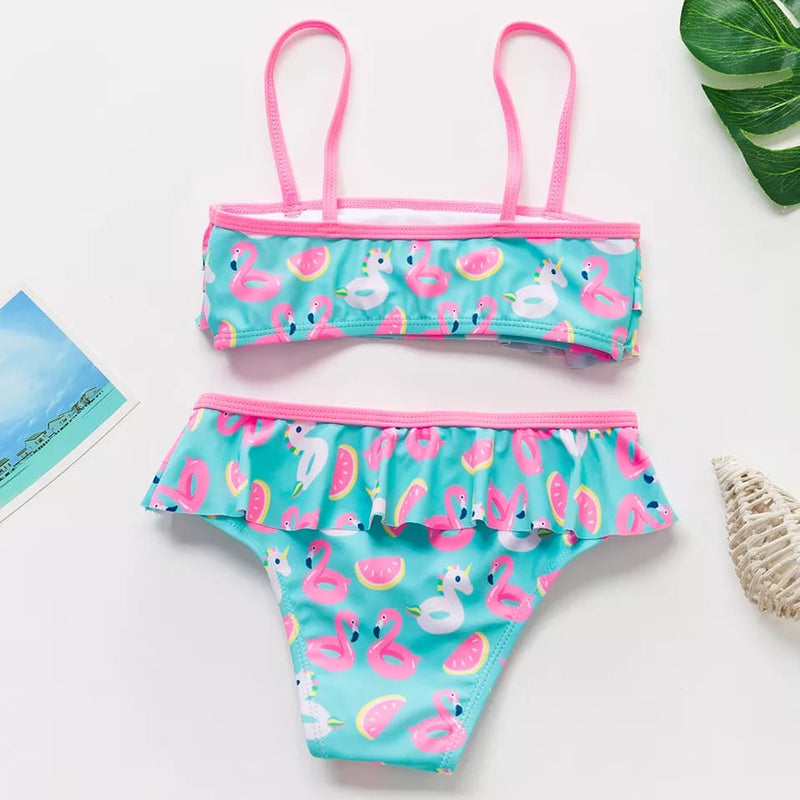 Flamingo & Unicorn Print Ruffle Bikini Set