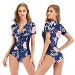 Floral Zip Front Half Sleeve Swimsuit