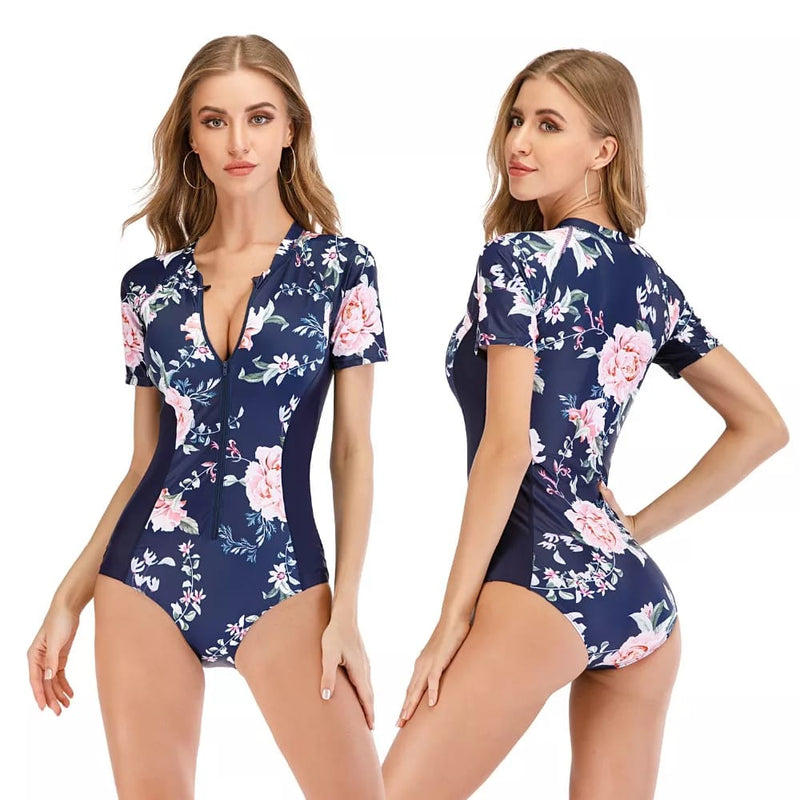 Floral Zip Front Half Sleeve Swimsuit