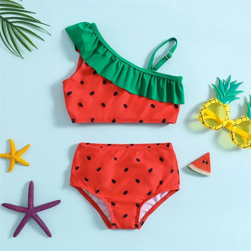 The Beach Company India - buy girls swimwear online - Watermelon Print One Shoulder Bikini Set - Bikini set for young girls - girls swimwear - swimming costume for kids