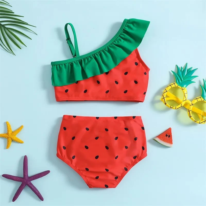 The Beach Company India - buy girls swimwear online - Watermelon Print One Shoulder Bikini Set - Bikini set for young girls - girls swimwear - swimming costume for kids