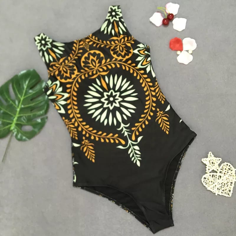 Baroque Print High Neck Swimsuit