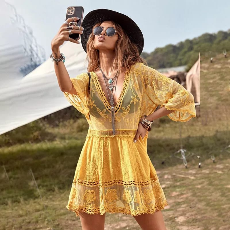 Yellow Floral Lace Beach Cover Up