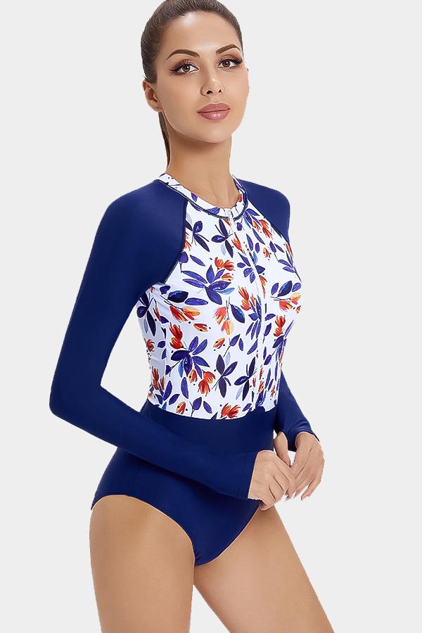 UV Sun Protection Floral Patchwork Zip Front Long Sleeve Swimsuit