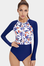 The Beach Company India online- Shop cheap swimwear -Floral Patchwork Zip Front Long Sleeve Swimsuit - Sun protection swimsuit - non padded swimsuit - UPF 50 + swimsuit - Rashguard - diving swimwear - Beach swimwear  
