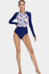 UV Sun Protection Floral Patchwork Zip Front Long Sleeve Swimsuit