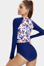 UV Sun Protection Floral Patchwork Zip Front Long Sleeve Swimsuit