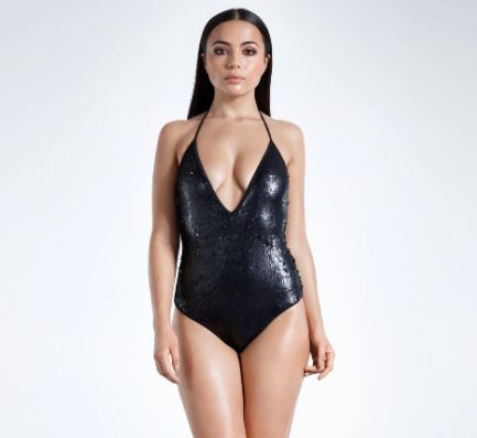 The Beach Company-Golddigga Sequin (NON -PADDED) Swimsuit- Cheeky-coverage swimsuit -flattering- Ladies swimsuit - Neck tie - Plunging neckline - Cheeky coverage - All over sequin coverage - Shell- 90% Polyester- 10% Elastane - Lining: 88% Polyester-12% Elastane -Machine washable