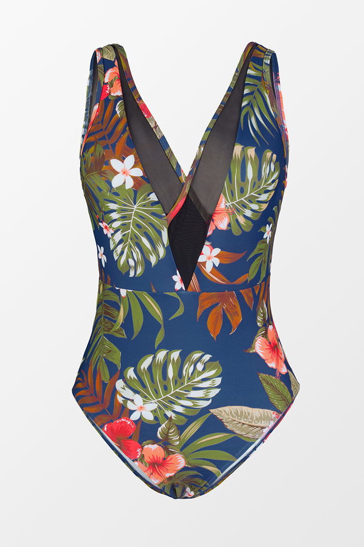 Floral Mesh V-neck Backless One Piece