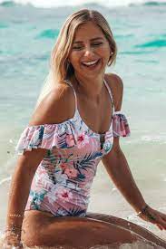 The Beach company online - Ruffle swimsuit - printed swimsuit - pink swimsuit - thin shoulder strap swimwear - cheap online swimsuit - printed swimsuits 
