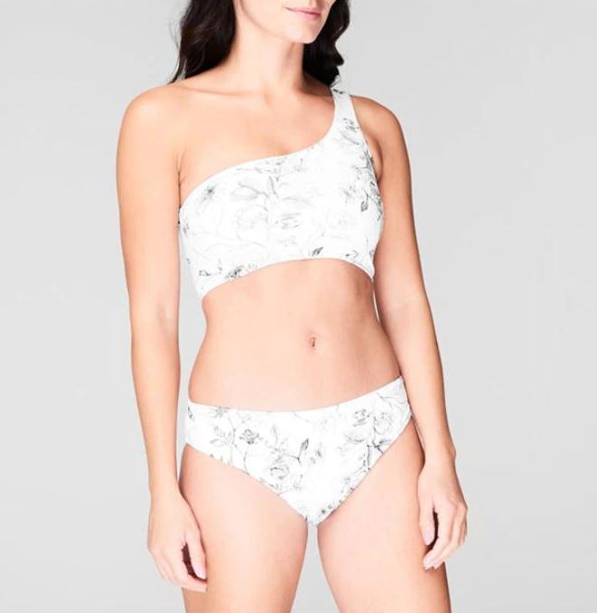 One Shoulder White Flower Bikini Set